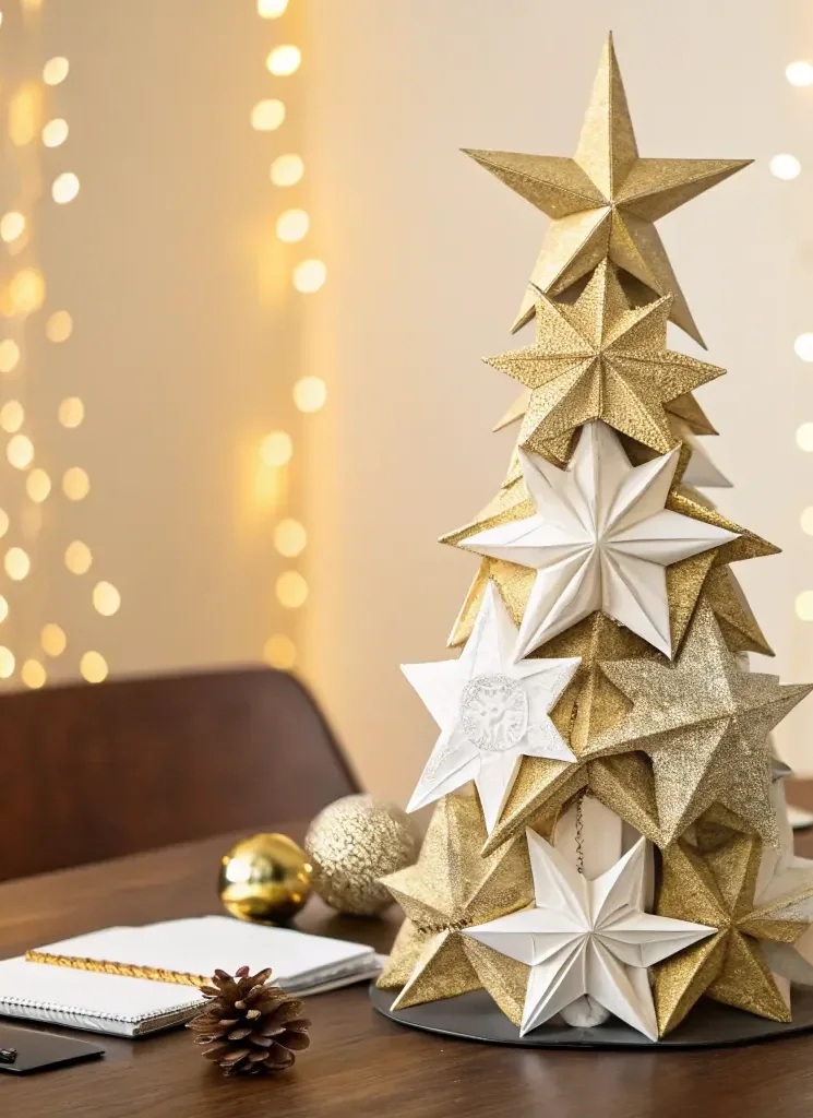 árbol de mesa armado con estrellas de papel plegadas a mano, unas doradas con textura de purpurina y otras blancas lisas, montadas en capas sobre una base circular oscura, junto a una libreta y dos esferas ante una cortina de luces cálidas