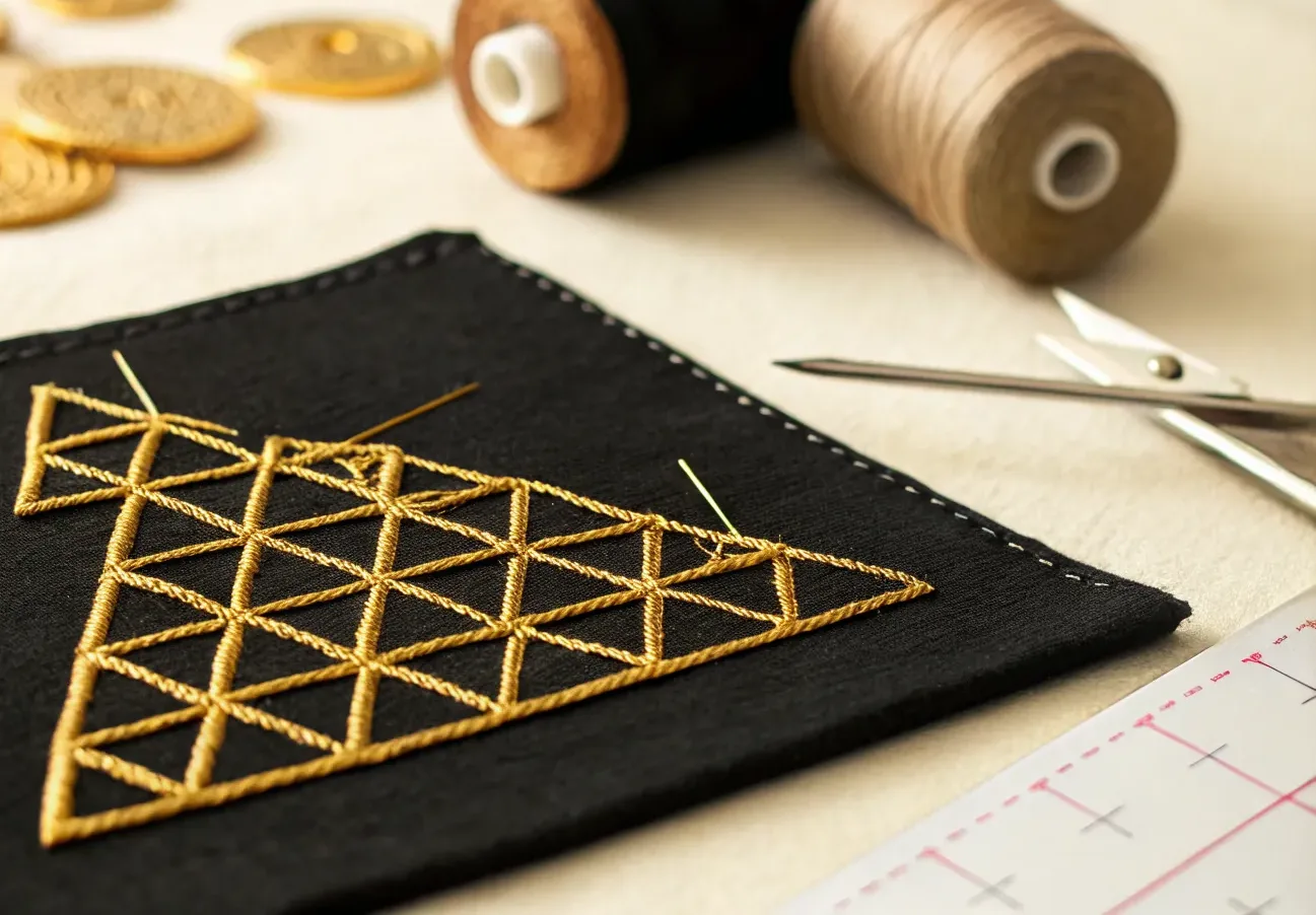 Bordado en proceso sobre paño negro con un motivo triangular levantado en cordoncillo dorado, agujas clavadas y carretes en la mesa de taller.