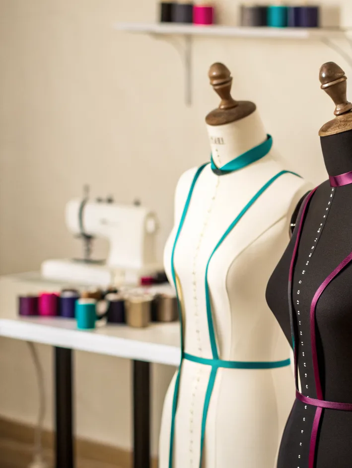 dos maniquíes de sastre, uno en lino crema con cintas turquesa marcando costados y talle y otro en negro con cintas moradas y alfileres, frente a una mesa con máquina de coser y carretes de hilo de colores