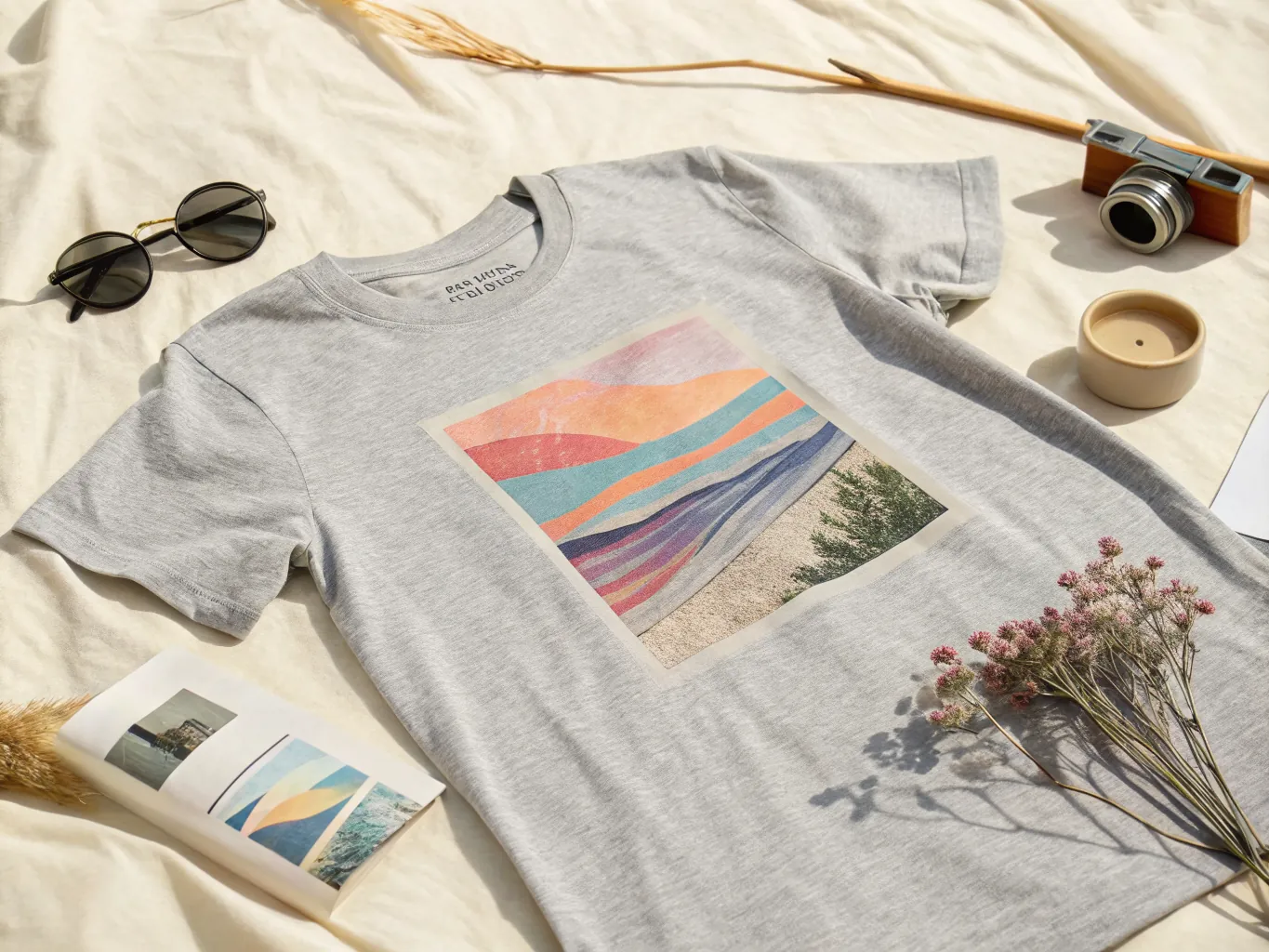 playera gris jaspe extendida al sol sobre una tela crema, con un paisaje de montañas impreso a todo color en el frente, junto a una cámara de fotos, un pocillo de barro y un ramo de flores secas
