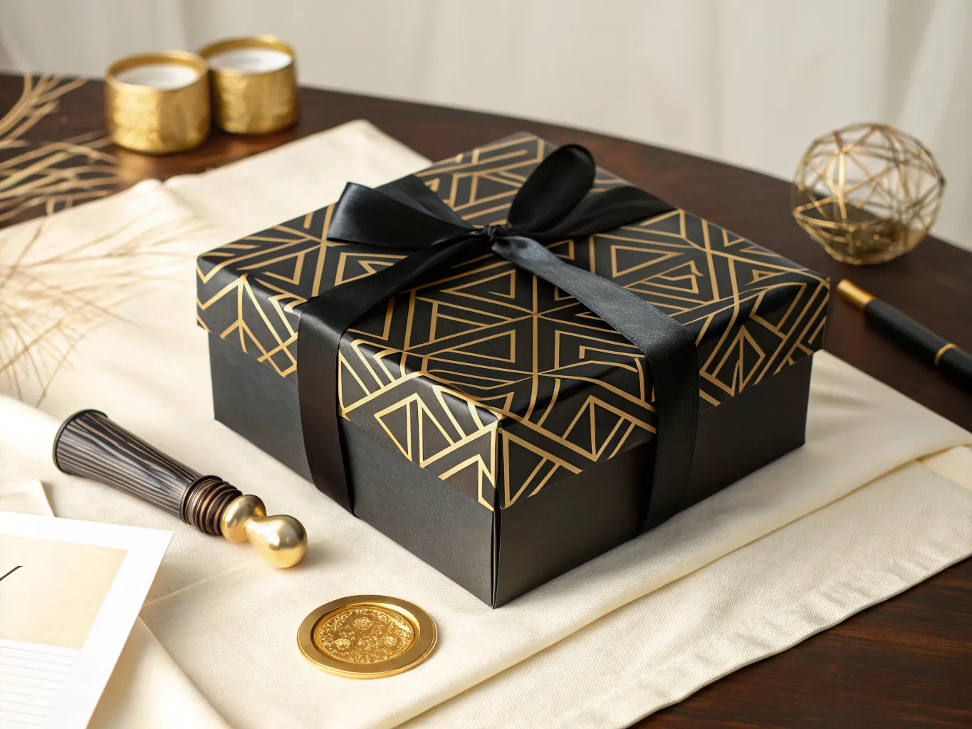 caja rígida negra cubierta de una trama geométrica en foil de oro, atada con listón de raso negro sobre un lienzo crema, con el mango de madera del sello de lacre y su matriz de latón a un lado y una moneda de lacre dorado ya estampada al frente