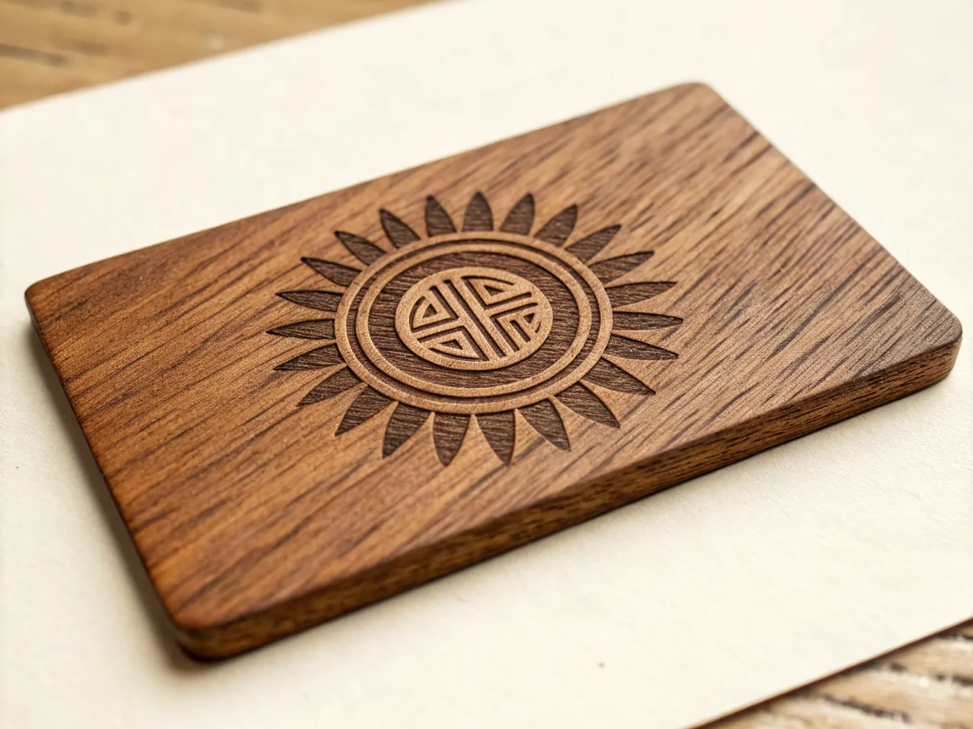 tarjeta de madera de nogal grabada a láser con un emblema solar hundido en la veta