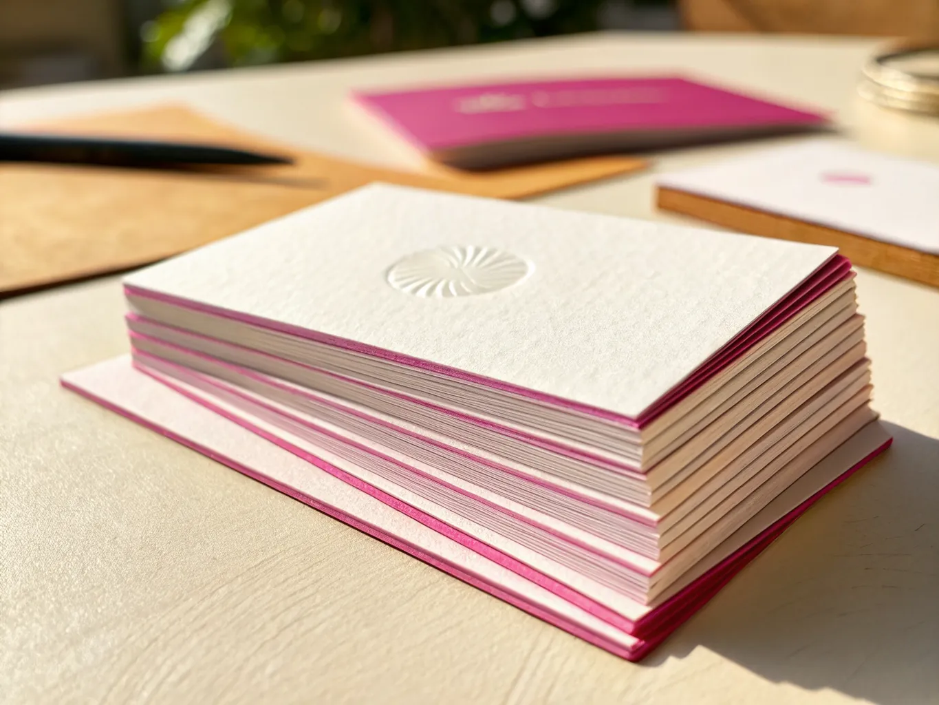 bloque de tarjetas gruesas de algodón blanco, con el alma magenta corriendo como una línea de color a lo largo de todo el canto laminado, y la tarjeta de arriba con un emblema de abanico marcado en seco sin tinta