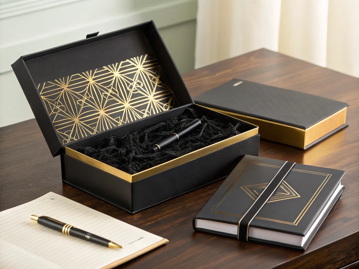 Caja rígida negra abierta sobre un escritorio de nogal, con el interior de la tapa estampado en foil dorado con un trazado geométrico, filo dorado en la charola, viruta negra y una pluma metálica dentro, y al lado una libreta de canto dorado y otra con marco dorado y liga.