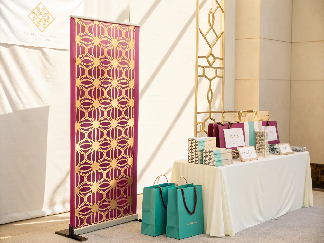 roll-up de pie con un patrón de flores geométricas doradas impreso sobre fondo vino, junto a una mesa vestida con libretas apiladas y dos bolsas de papel turquesa con asa de cordón en el piso