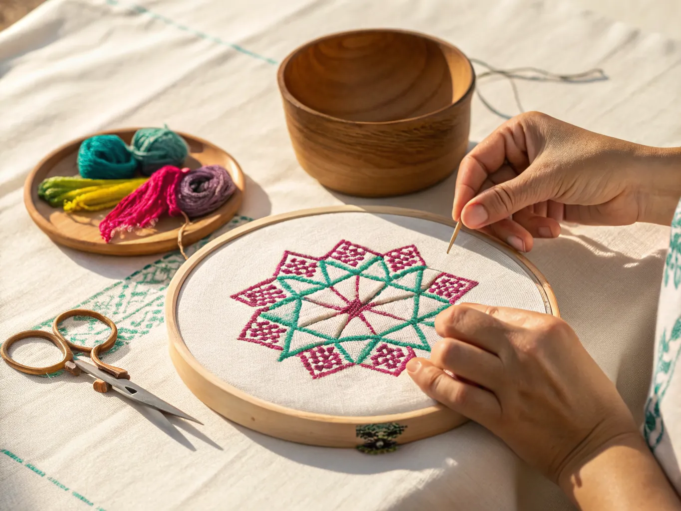 Dos manos bordan un rosetón geométrico en hilo rosa mexicano y verde jade sobre lino crudo tensado en un bastidor de madera, con madejas de colores, un cuenco torneado y tijeras de bordar alrededor.