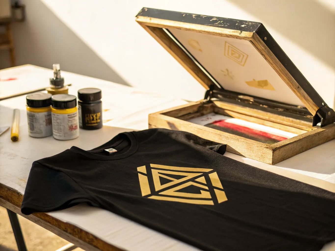 playera negra extendida sobre la mesa de un taller con un emblema geométrico dorado serigrafiado al centro, el marco de madera levantado detrás con la misma matriz y frascos de tinta al lado