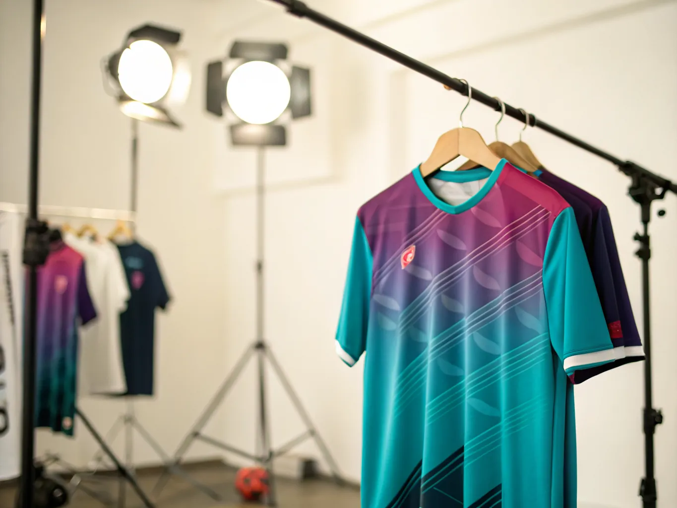 jersey deportivo colgado de un tubo de estudio con un degradado turquesa a morado sublimado de hombro a hombro y un escudo rojo en el pecho, con más jerseys de la misma tanda al fondo