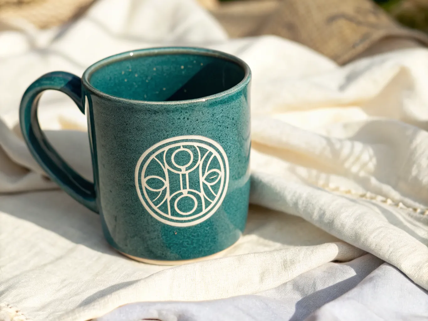 taza de barro esmaltada en verde azulado moteado con un emblema circular de línea blanca al frente, la base sin esmaltar a la vista, posada sobre lienzos de lino crudo al sol