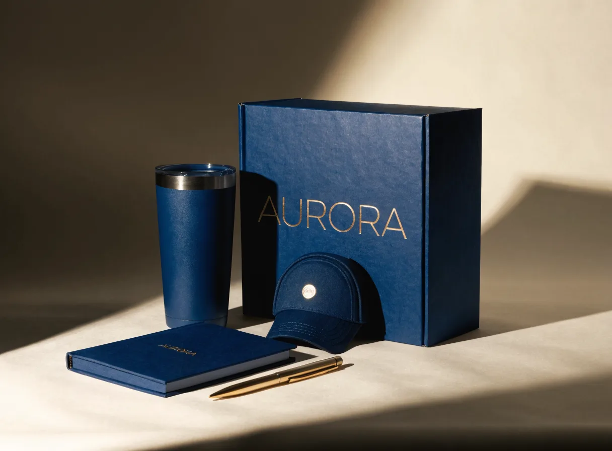 kit de regalo en azul marino armado de pie contra la luz de una ventana, con una caja marcada AURORA en foil dorado, un vaso térmico, una gorra con botón metálico, una libreta y una pluma dorada