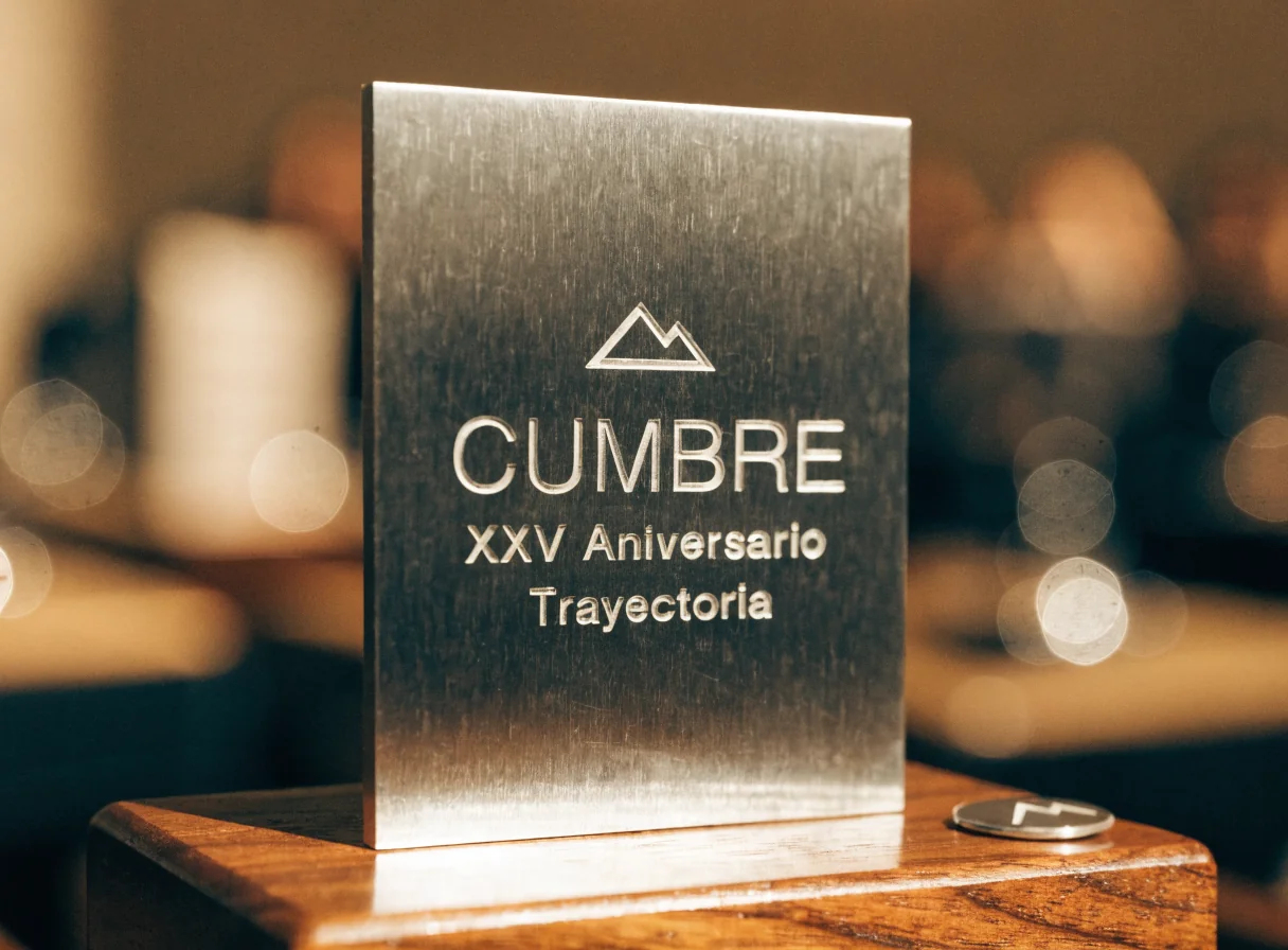 placa de metal cepillado grabada con la marca Cumbre, XXV Aniversario y la palabra Trayectoria, sobre una base de madera