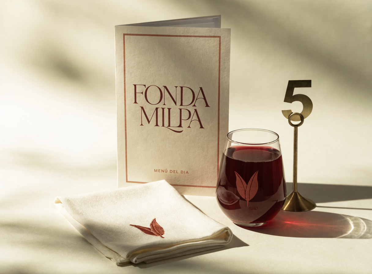 Carta de menú en papel de algodón crema con marco y letras en terracota que dice FONDA MILPA, apoyada detrás de una servilleta de lino con una hoja bordada, una copa de vino tinto con la misma hoja marcada sobre el vidrio y un número cinco de latón sobre pedestal.