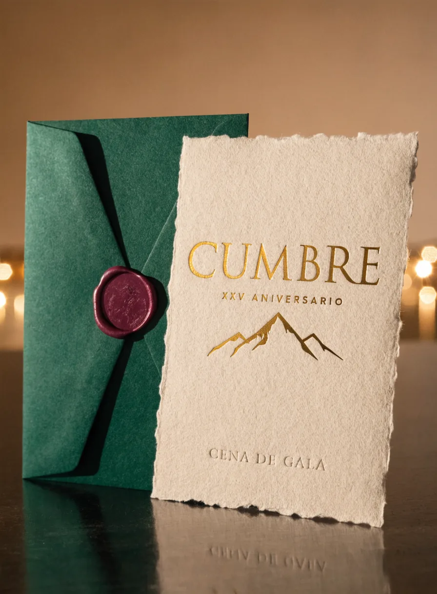 sobre verde con sello de cera vino junto a una tarjeta de papel de algodón con orilla deckle, la marca Cumbre y XXV Aniversario en foil oro y la leyenda cena de gala en relieve