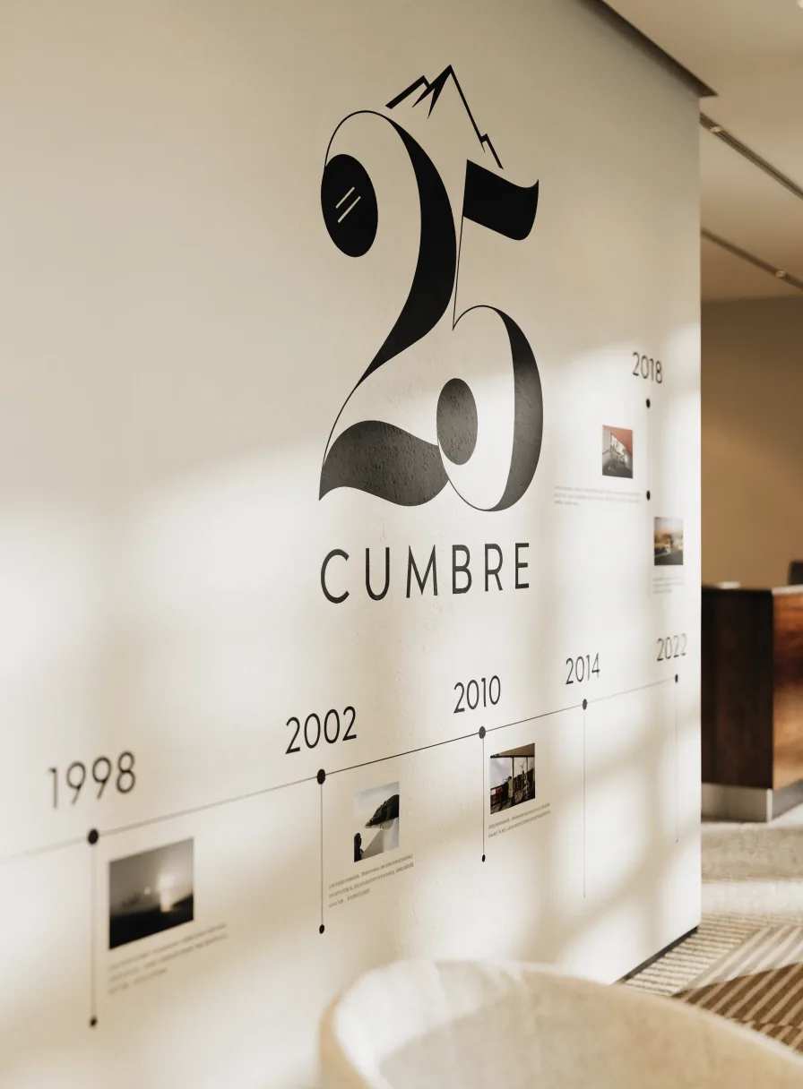 muro de recepción con un gran número 25 y la marca Cumbre sobre una línea de tiempo de 1998 a 2022 con fotografías y fechas
