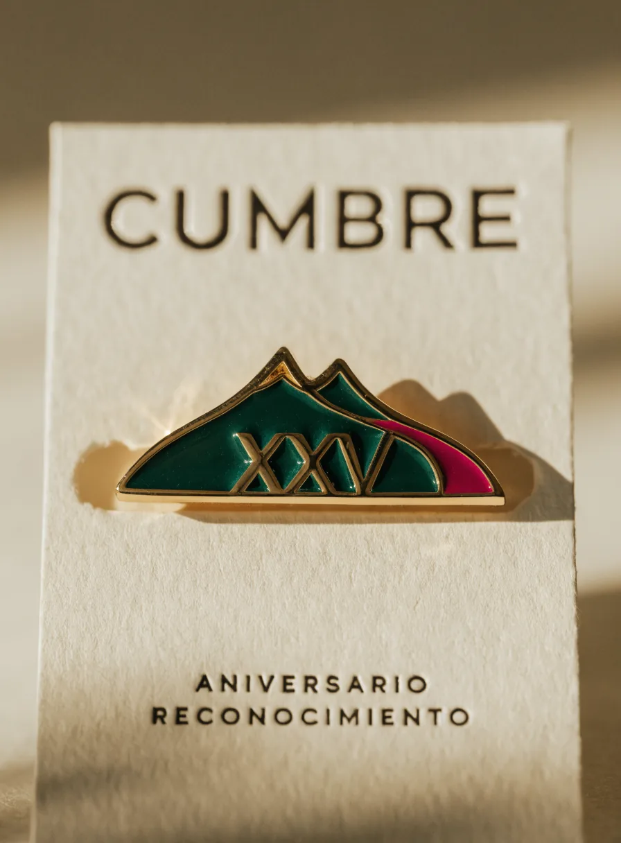 pin de solapa en forma de montaña, esmalte verde con acento magenta y el número XXV en oro, sobre una tarjeta crema con la marca Cumbre y la palabra reconocimiento