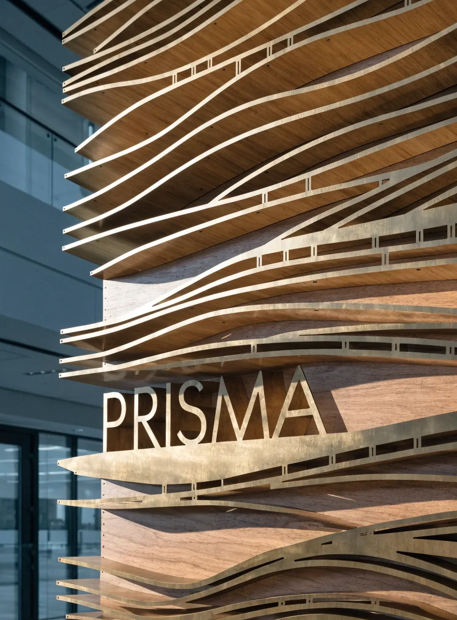 instalación escultórica de listones de madera y latón ondulantes con la marca PRISMA calada, montada en el muro de un lobby corporativo