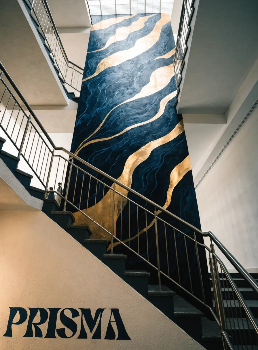 mural de tiro de escalera con un flujo marmoleado en azul marino y hoja de oro y el nombre de la marca ficticia PRISMA al pie, en el hueco de una escalera corporativa