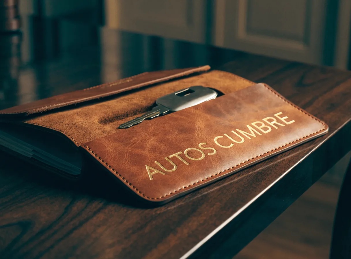 carpeta de entrega de piel cognac con la marca Autos Cumbre en foil dorado y la llave del auto guardada en el pliegue