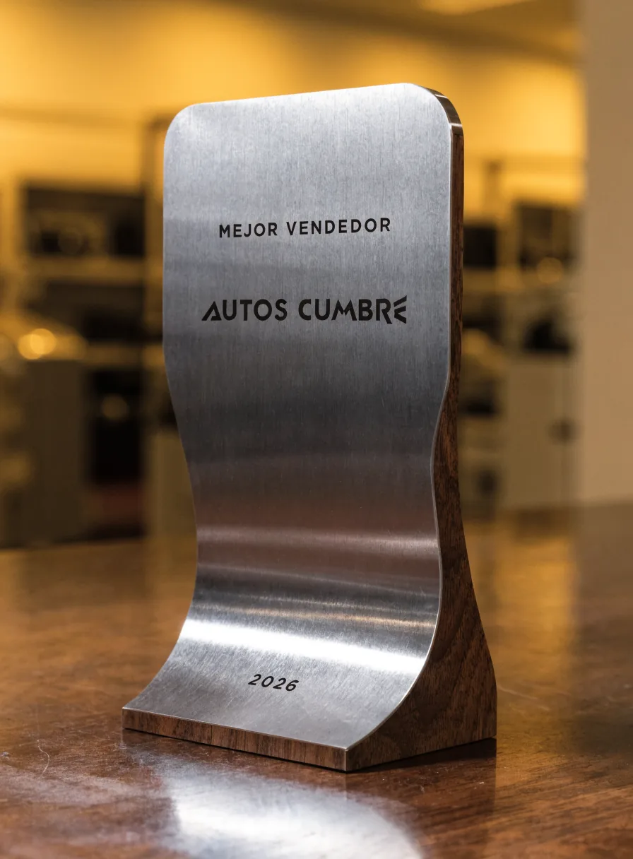 reconocimiento al mejor vendedor de Autos Cumbre en acero cepillado curvo sobre base de nogal, grabado con el año 2026