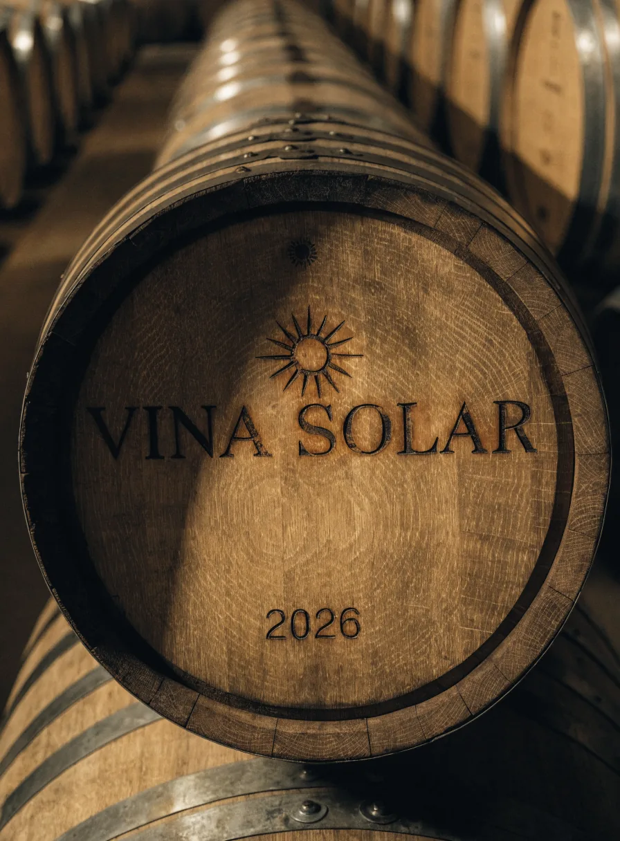 barrica de roble grabada Viña Solar 2026 con el sol de la marca, en la cava entre filas de barricas