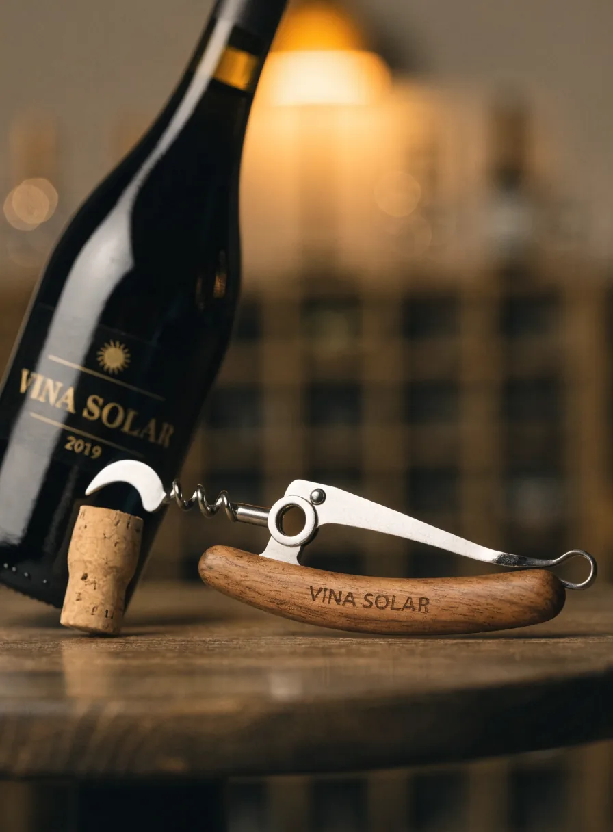 descorchador de mesero con mango de madera grabado Viña Solar, junto a una botella de vino y su corcho