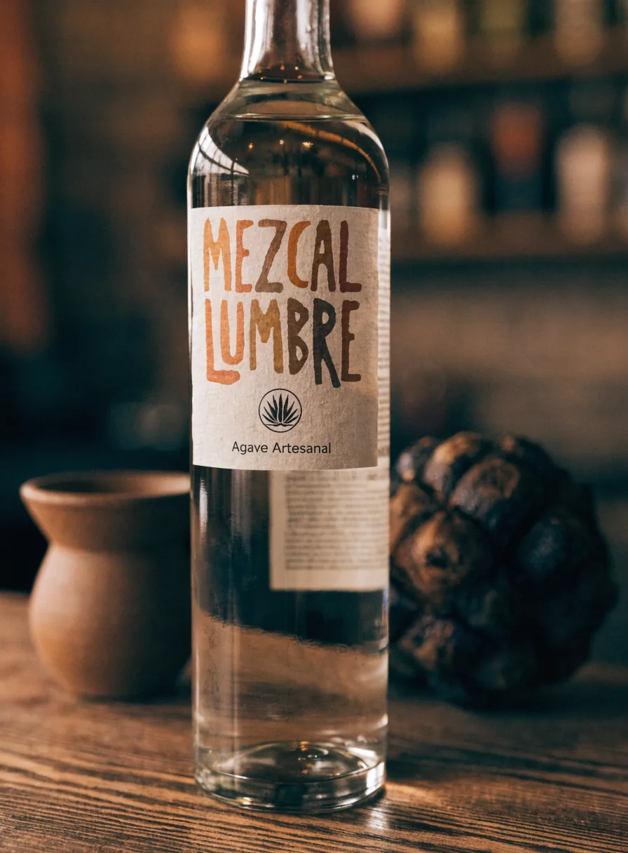 botella de mezcal con una etiqueta de papel texturizado impresa a mano Mezcal Lumbre, Agave Artesanal, junto a una copita de barro