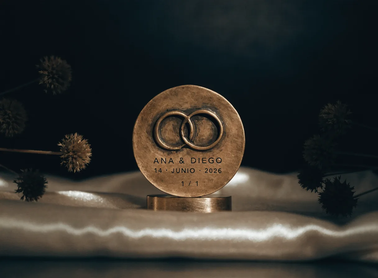 medalla conmemorativa de bronce fundido con dos anillos entrelazados y el nombre ANA & DIEGO, la fecha 14 · JUNIO · 2026 y la edición 1 / 1 grabados, sobre satín marfil