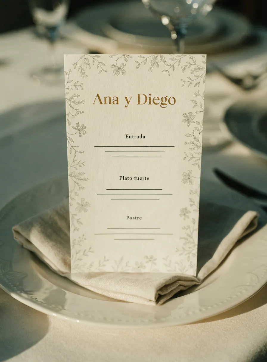 tarjeta de menú de papel de algodón sobre una servilleta doblada en el plato, con Ana y Diego en foil oro, orla botánica y las secciones entrada, plato fuerte y postre