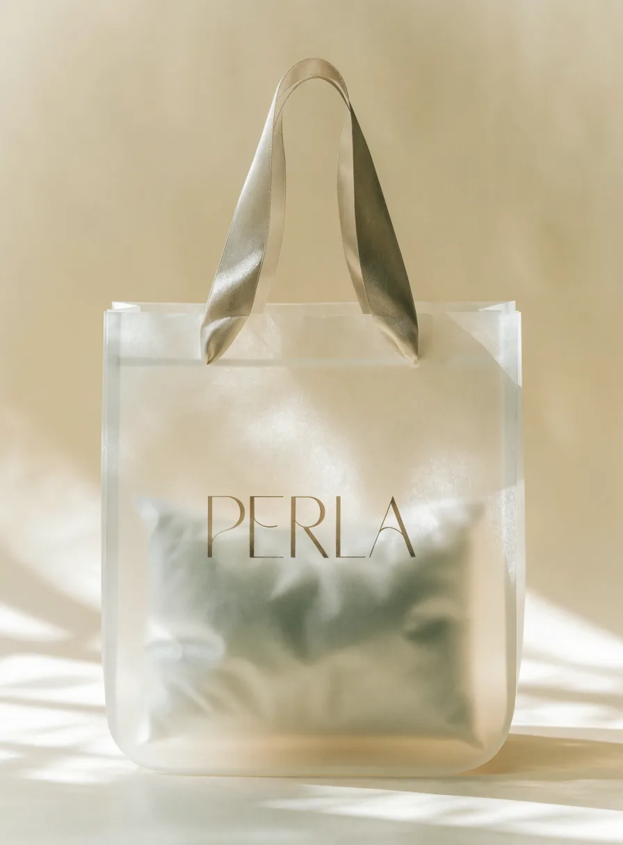 bolsa esmerilada translúcida con asas de listón de satín champán y la palabra PERLA en foil oro, que deja entrever el papel de china adentro, sobre fondo crema con luz cálida