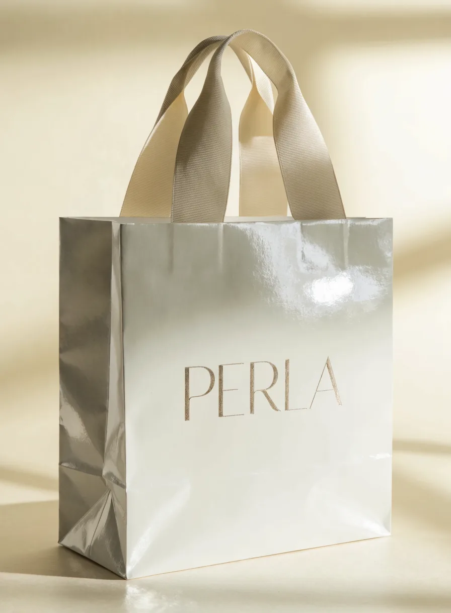 bolsa rígida tipo caja laminada en plata perlada con fuelles marcados, asas de grosgrain marfil y la palabra PERLA en foil oro, sobre fondo crema con luz cálida