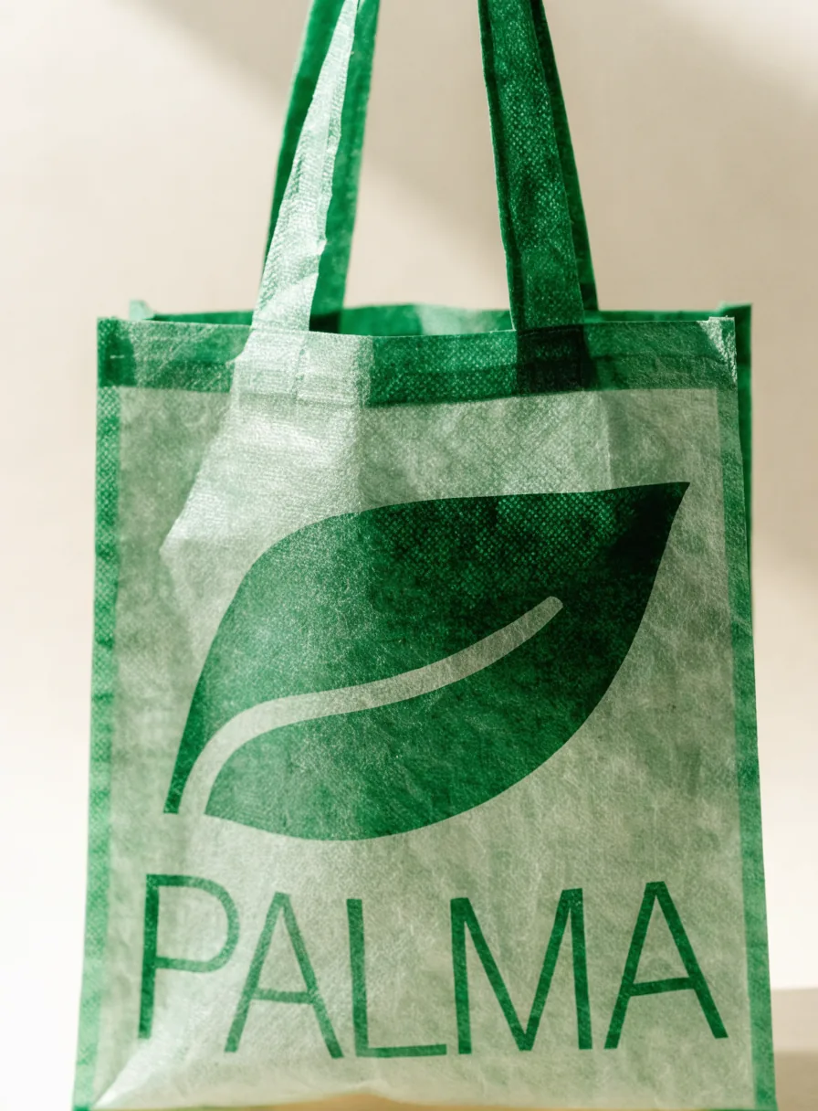 bolsa reutilizable de tela non-woven verde con una hoja grande y la palabra PALMA impresas en verde, con asas del mismo material, sobre fondo crema con luz cálida