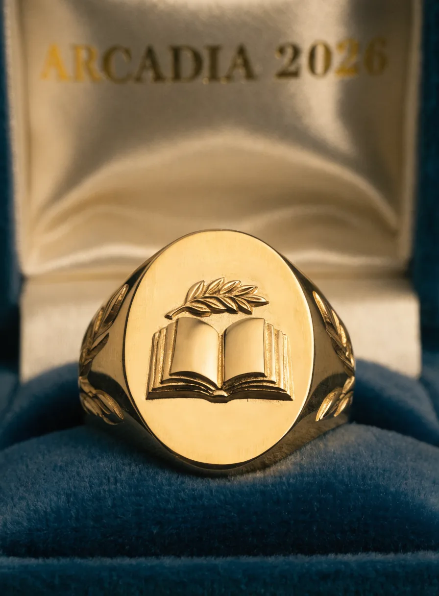 anillo de generación en oro sobre un cojín de terciopelo azul, con el escudo del colegio, un libro abierto y una rama de laurel, en relieve sobre la cara y la leyenda Arcadia 2026 grabada en la tapa del estuche