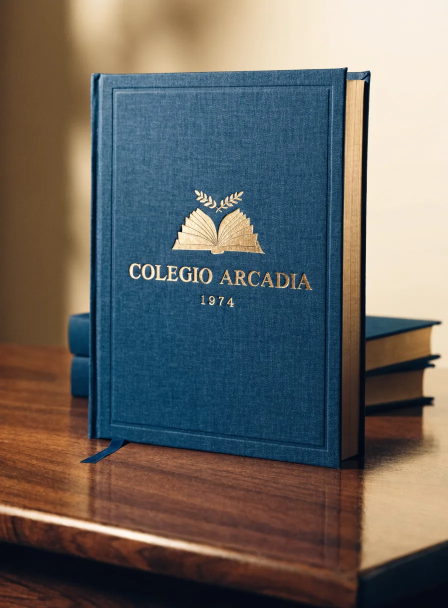anuario entelado en tela azul marino con el escudo de Colegio Arcadia, un libro abierto bajo una rama de laurel, y la leyenda Colegio Arcadia 1974 estampados en foil dorado sobre la portada