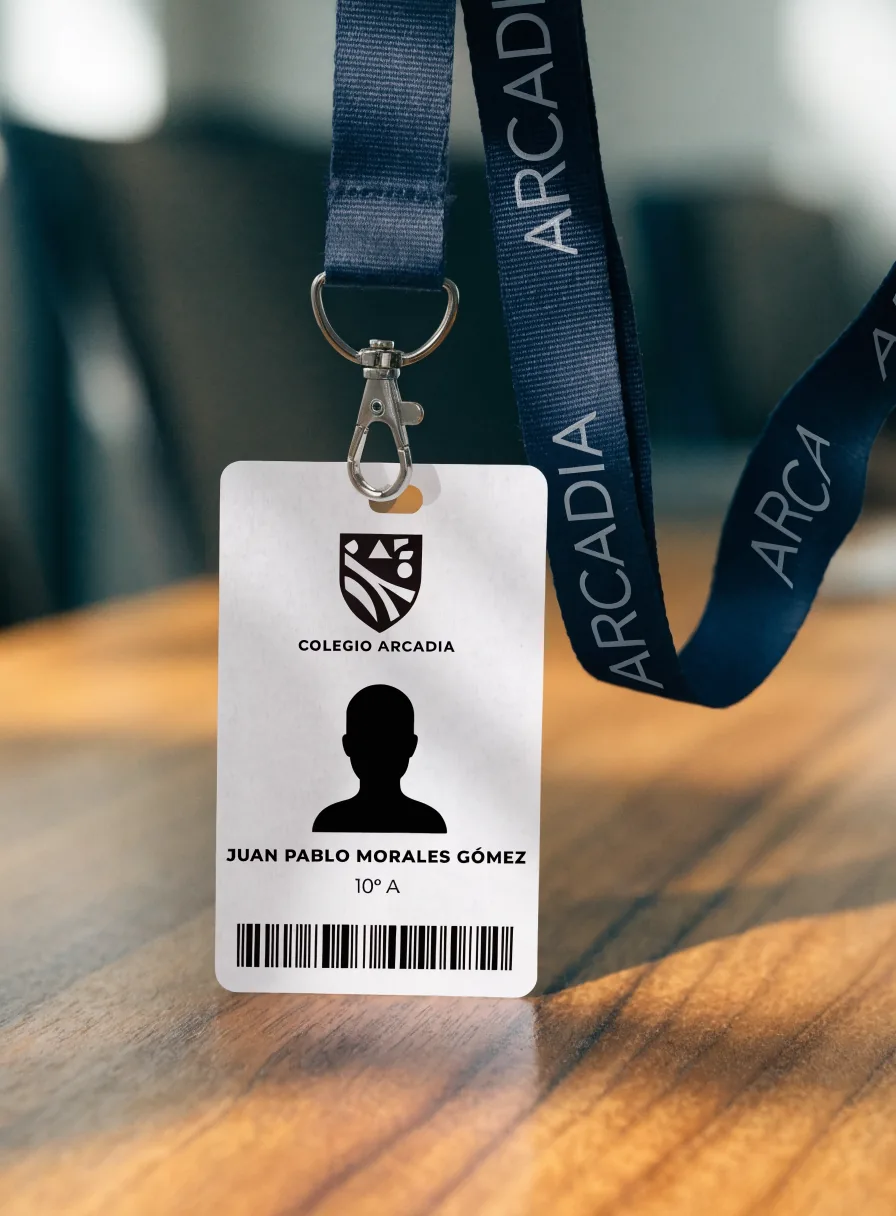 credencial escolar en un cordón azul Arcadia, con el escudo del colegio, el nombre del alumno, su grupo y código de barras