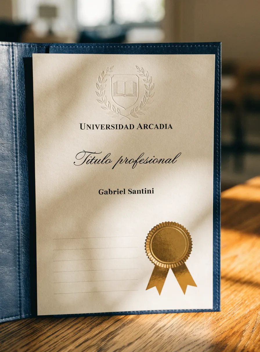 título profesional de Universidad Arcadia en una carpeta de piel azul, con el escudo grabado, el nombre del graduado y un sello dorado con listón