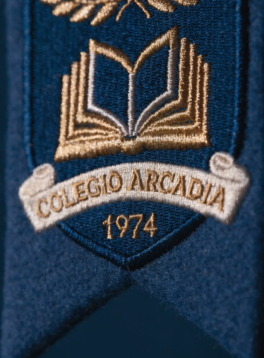 escudo del colegio bordado en fieltro azul con un libro abierto en hilo dorado, la leyenda Colegio Arcadia y el año 1974