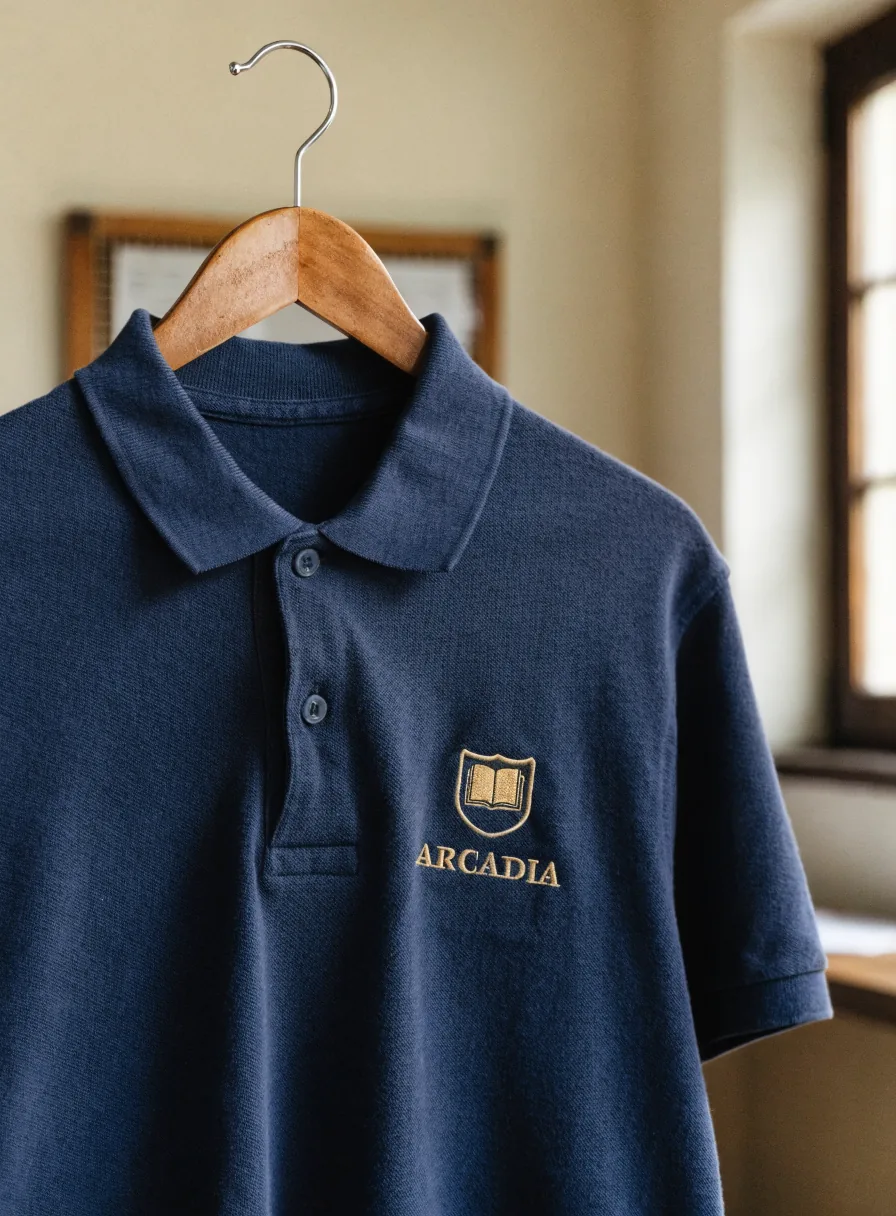 polo de uniforme azul marino en un gancho de madera, con el escudo de Colegio Arcadia bordado en hilo dorado sobre el pecho