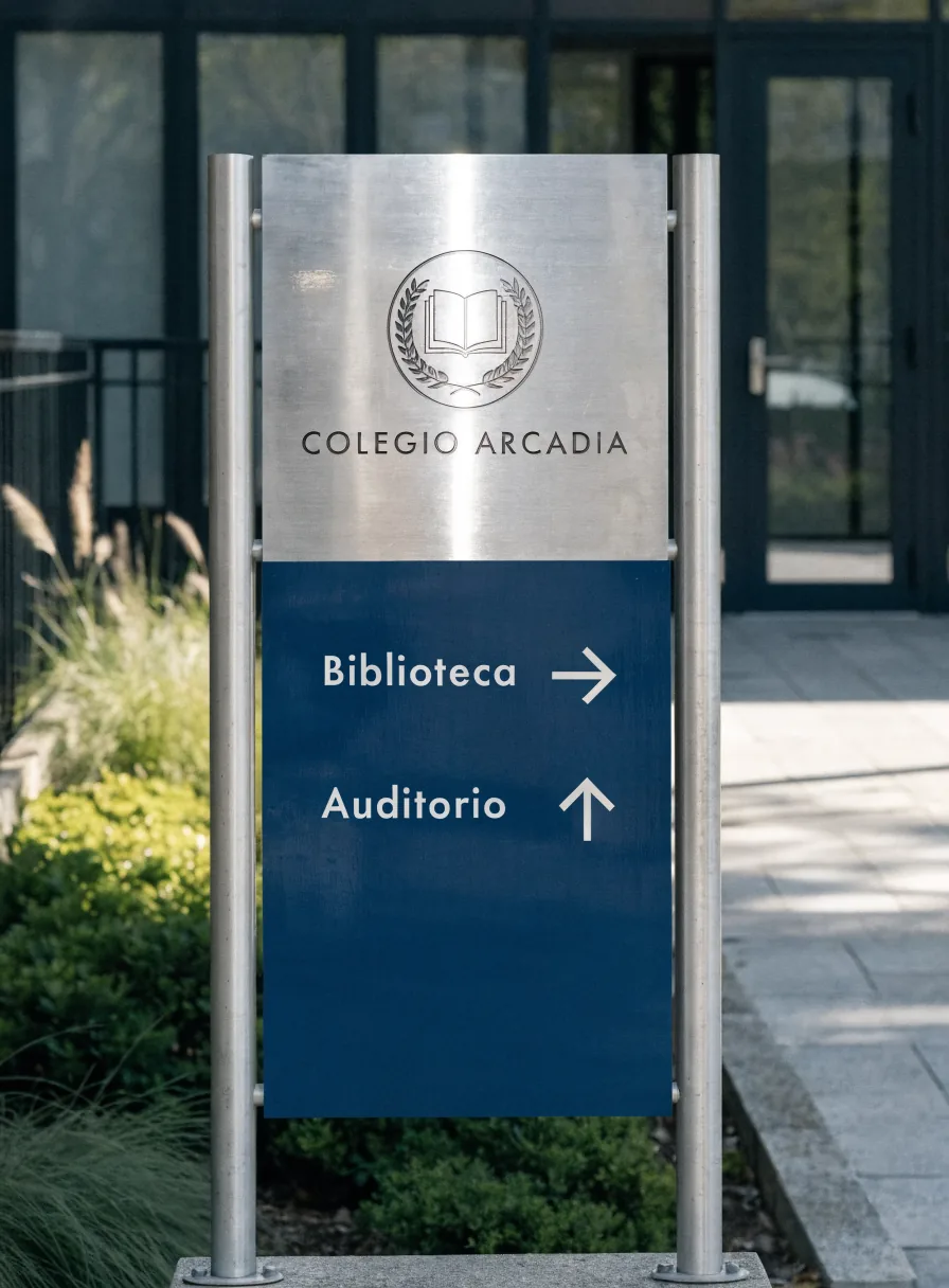 tótem de señalética instalado en la entrada del campus, con el escudo de Colegio Arcadia grabado en acero y las direcciones a Biblioteca y Auditorio