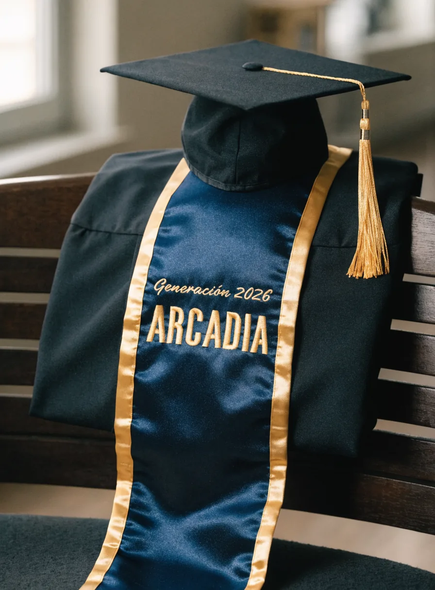 toga y birrete azul marino sobre una banca, con la estola de graduación bordada Generación 2026 Arcadia en hilo dorado