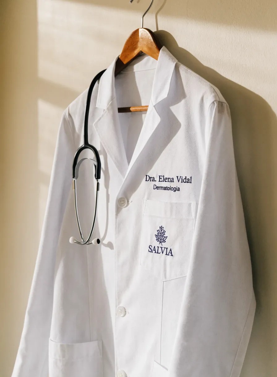 bata blanca de médico en un gancho de madera con estetoscopio, bordada en hilo azul marino con el nombre de la doctora, su especialidad y la marca Salvia