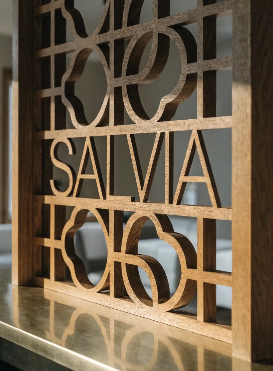celosía de madera de nogal instalada sobre la barra de recepción, con el nombre Salvia calado dentro de un patrón geométrico, y la sala de espera desenfocada al fondo