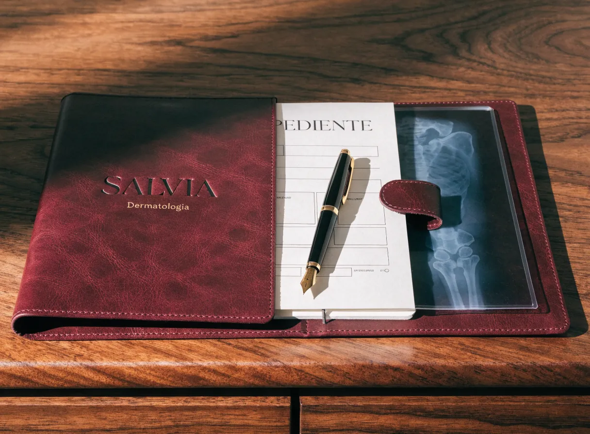 carpeta de expediente en piel color vino con la marca Salvia en foil dorado, abierta sobre un escritorio de nogal con una hoja de expediente, una pluma y una radiografía en su funda