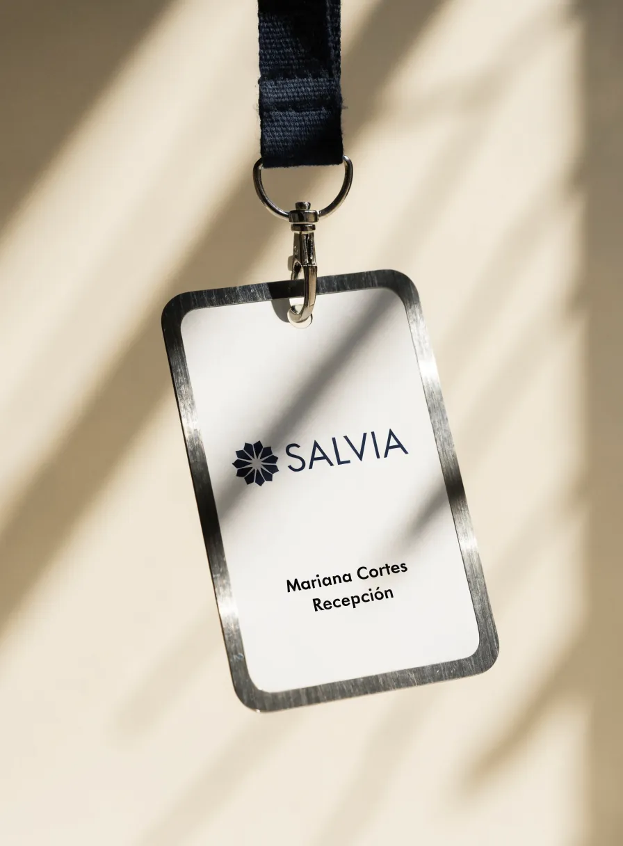 gafete de staff colgado de una cinta azul marino, con borde de acero cepillado, la marca Salvia y una roseta, y el nombre y el puesto de la persona del equipo