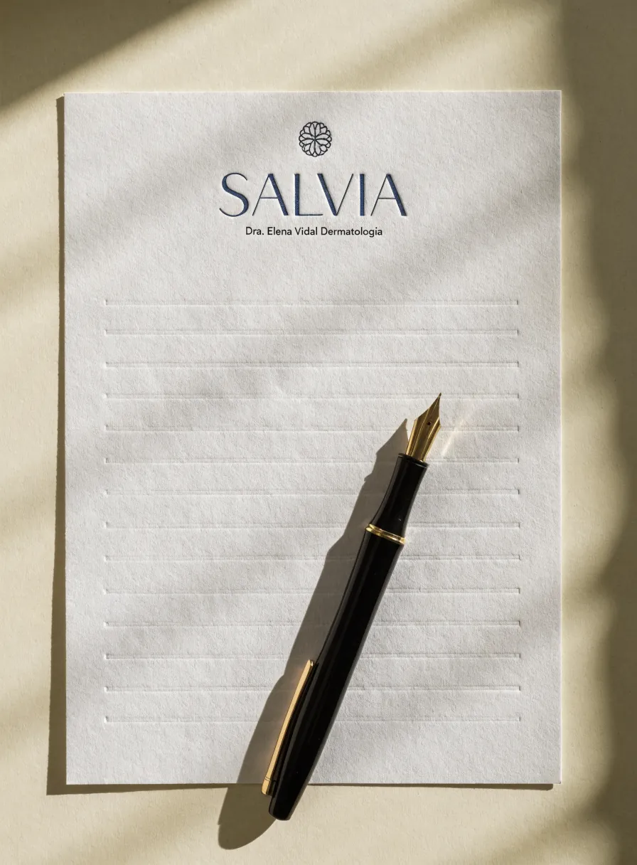 hoja membretada en papel de algodón con el encabezado en letterpress, una roseta, la marca Salvia y el nombre de la doctora, con una pluma fuente negra de plumín dorado encima