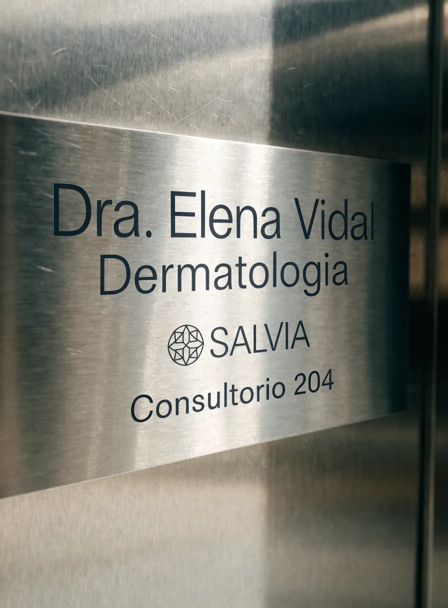 placa de puerta en acero cepillado grabada con el nombre de la doctora, la marca Salvia y el número de consultorio