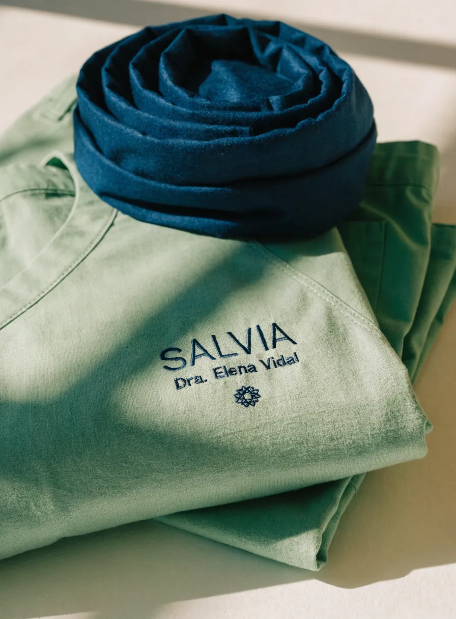 pijama quirúrgica doblada en color verde salvia, bordada en hilo azul marino con la marca Salvia, el nombre de la doctora y una roseta, junto a un gorro quirúrgico azul marino enrollado
