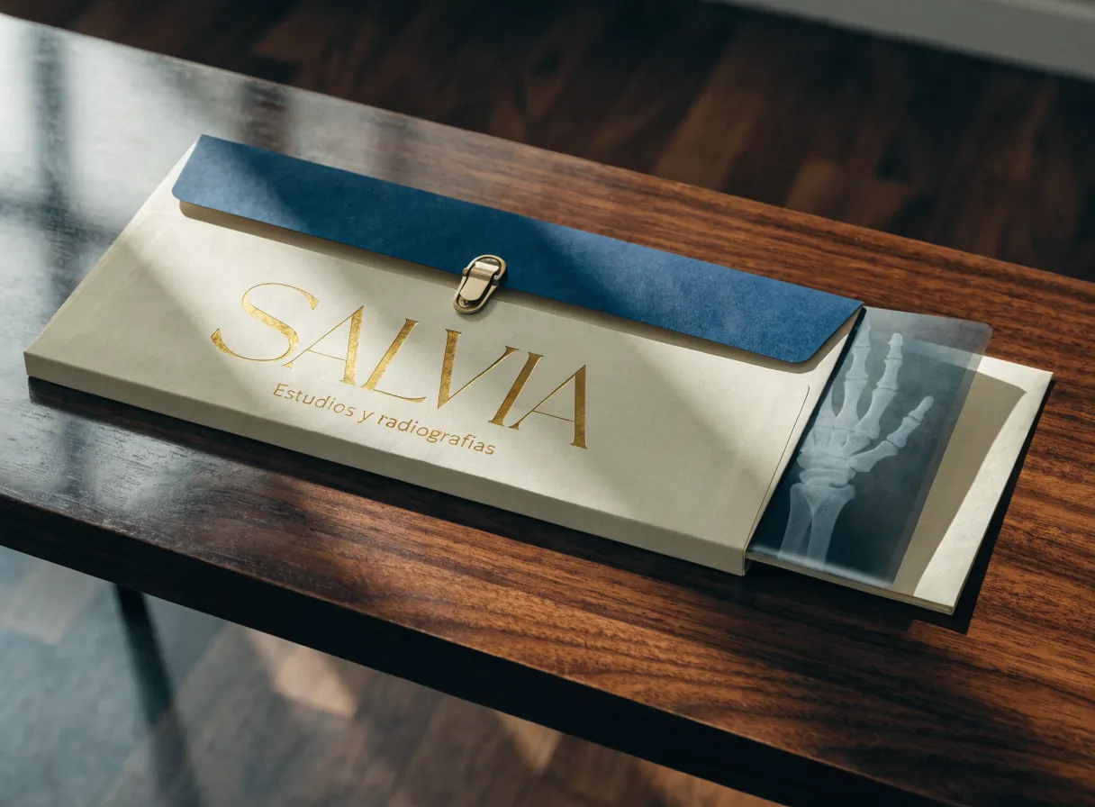 sobre grande para estudios y radiografías en cartón crema con solapa azul marino y broche de latón, estampado en foil dorado con la marca Salvia, con una radiografía de una mano saliendo por un costado