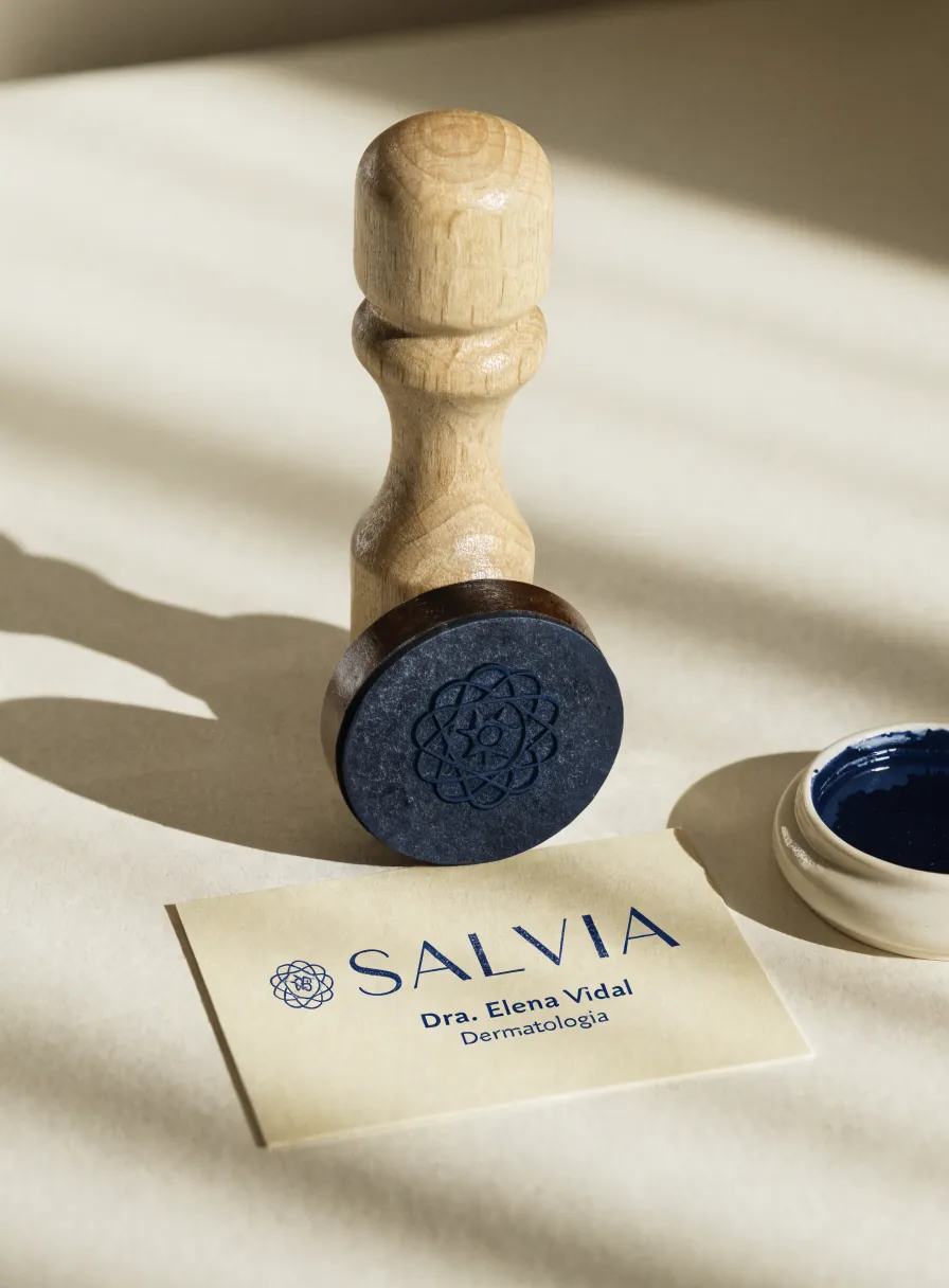 sello de médico con mango de madera y una roseta grabada en el hule, junto a su impresión en tinta azul marino sobre una tarjeta crema con la marca Salvia, el nombre de la doctora y su especialidad