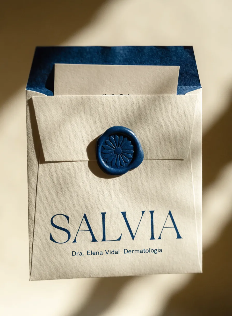 sobre de correspondencia crema con forro azul marino y un lacre azul marino con una roseta, impreso con la marca Salvia y el nombre de la doctora, con una tarjeta de cita asomando por la solapa