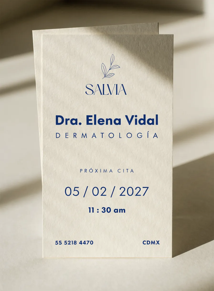 tarjeta de próxima cita impresa en azul marino con la marca Salvia, el nombre de la doctora, su especialidad, fecha y hora, sobre cartulina color crema
